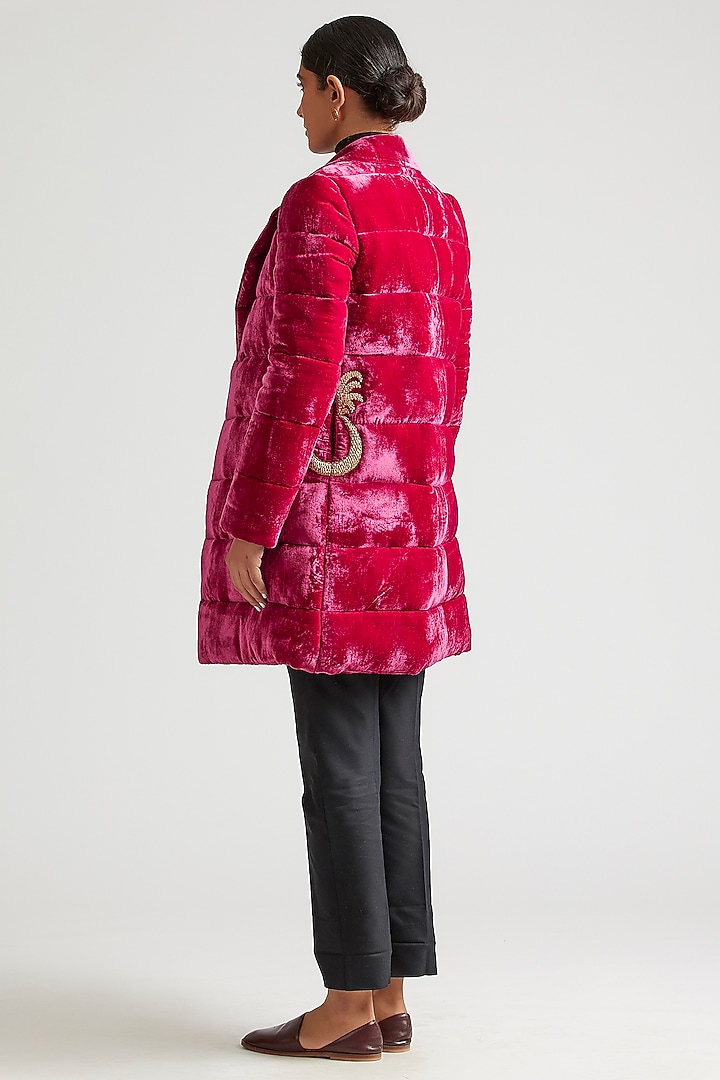 Dark Hot Pink Zardosi Embroidered Puffer Jacket by Kshitij Jalori at Pernia's Pop Up Shop