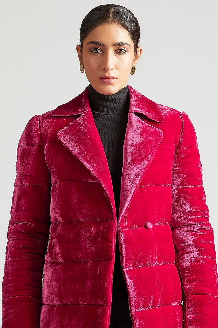 Dark Hot Pink Zardosi Embroidered Puffer Jacket by Kshitij Jalori at Pernia's Pop Up Shop