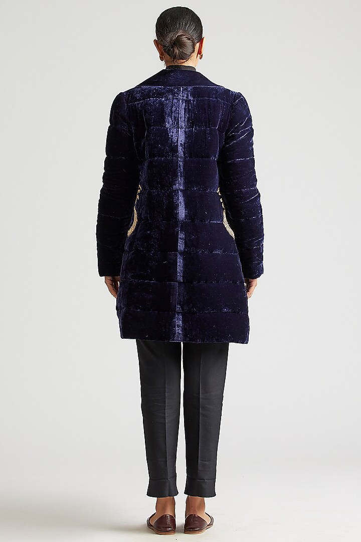 Dark Navy Blue Zardosi Embroidered Puffer Jacket by Kshitij Jalori at Pernia's Pop Up Shop