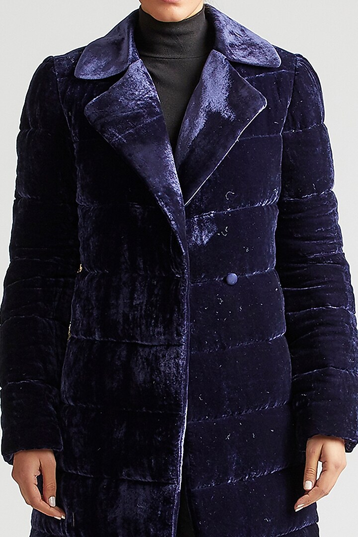 Dark Navy Blue Zardosi Embroidered Puffer Jacket by Kshitij Jalori at Pernia's Pop Up Shop