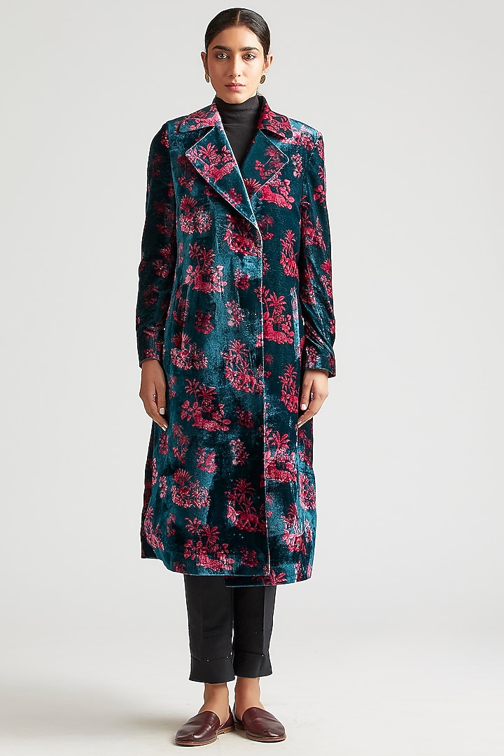Teal Blue Printed Trench Jacket by Kshitij Jalori at Pernia's Pop Up Shop
