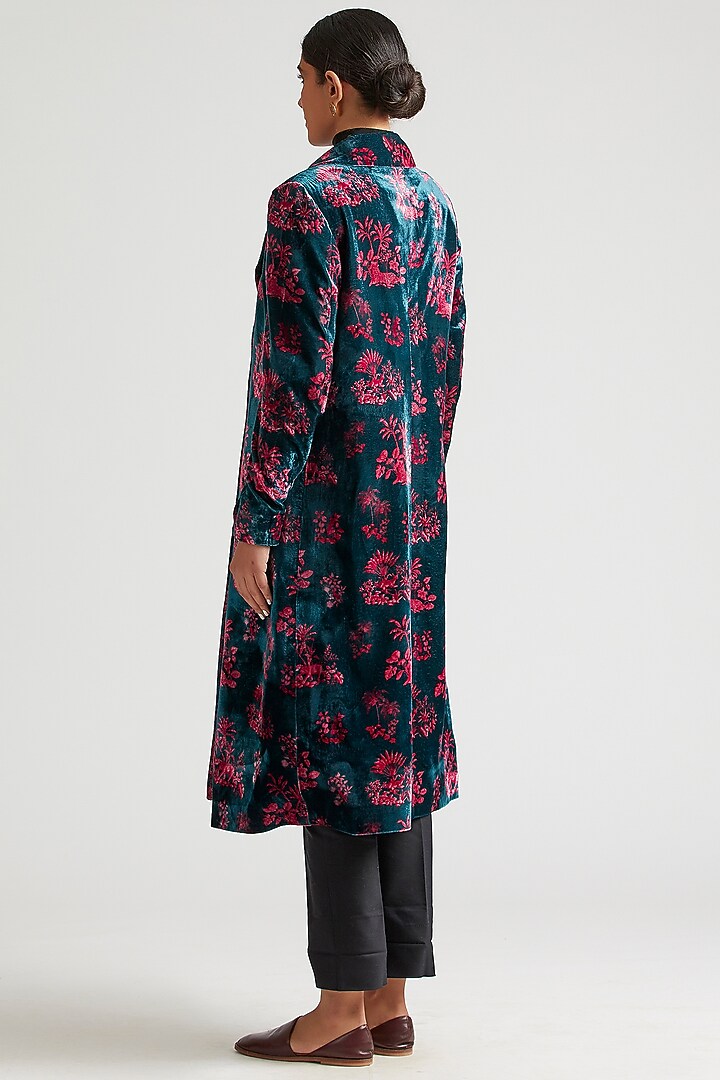 Teal Blue Printed Trench Jacket by Kshitij Jalori at Pernia's Pop Up Shop
