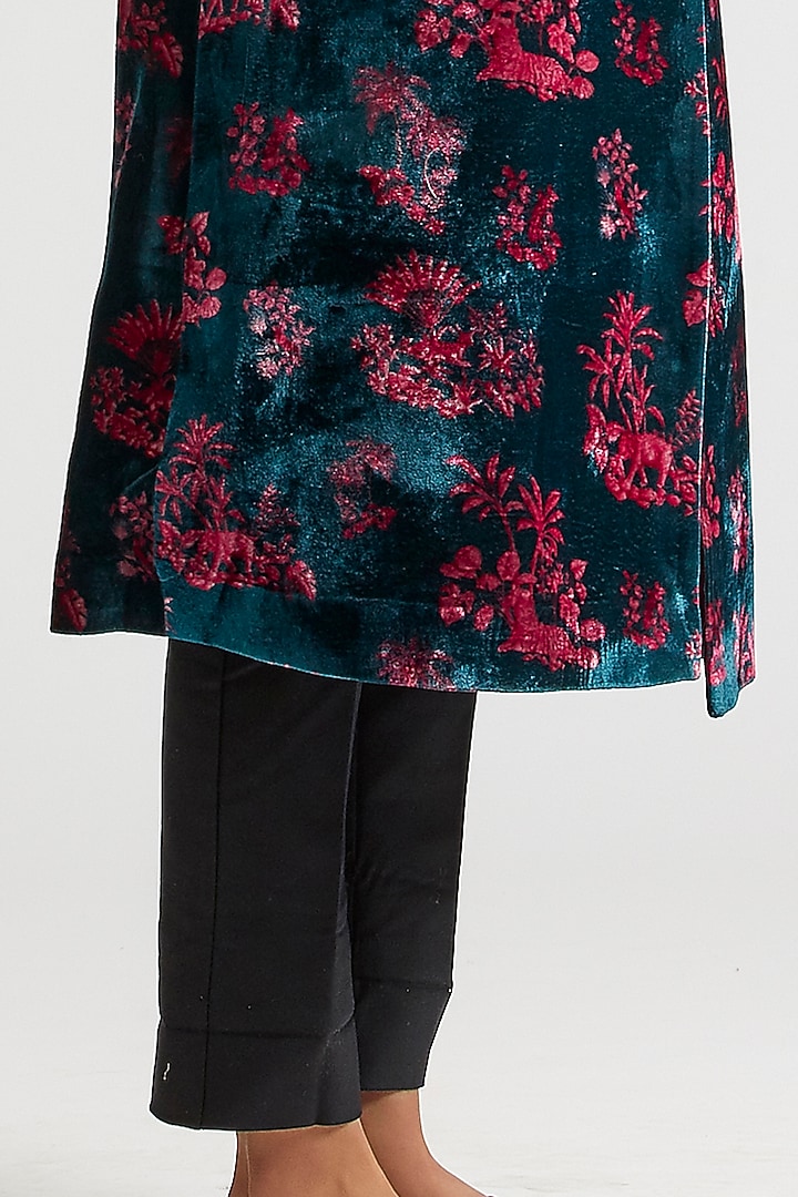Teal Blue Printed Trench Jacket by Kshitij Jalori at Pernia's Pop Up Shop