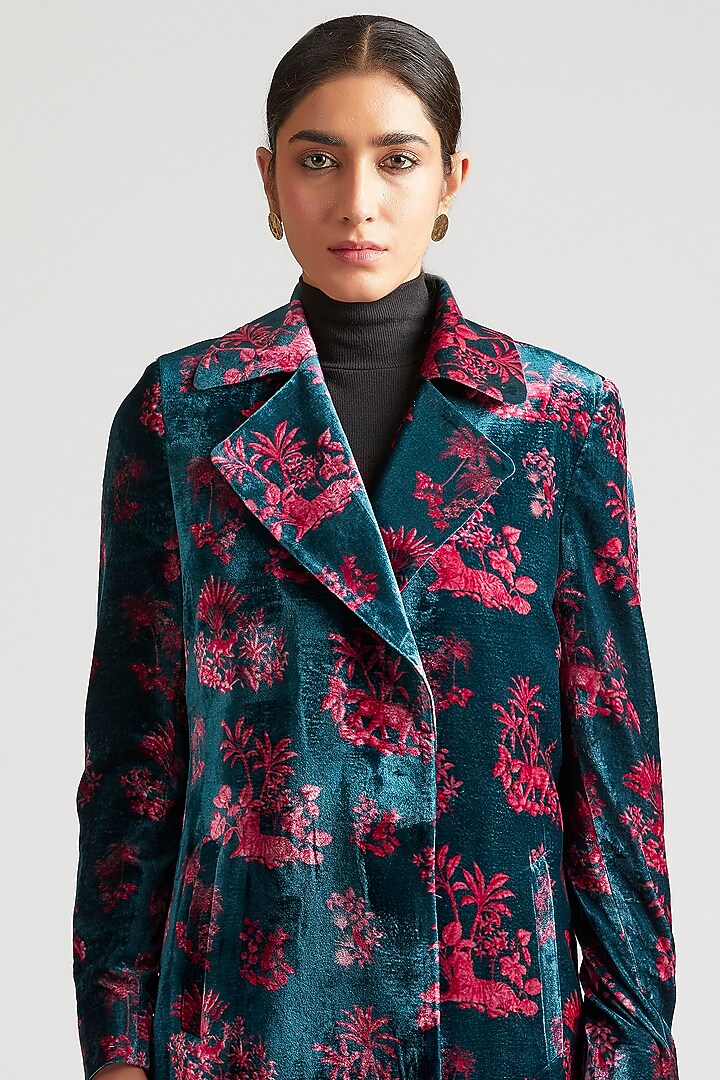 Teal Blue Printed Trench Jacket by Kshitij Jalori at Pernia's Pop Up Shop