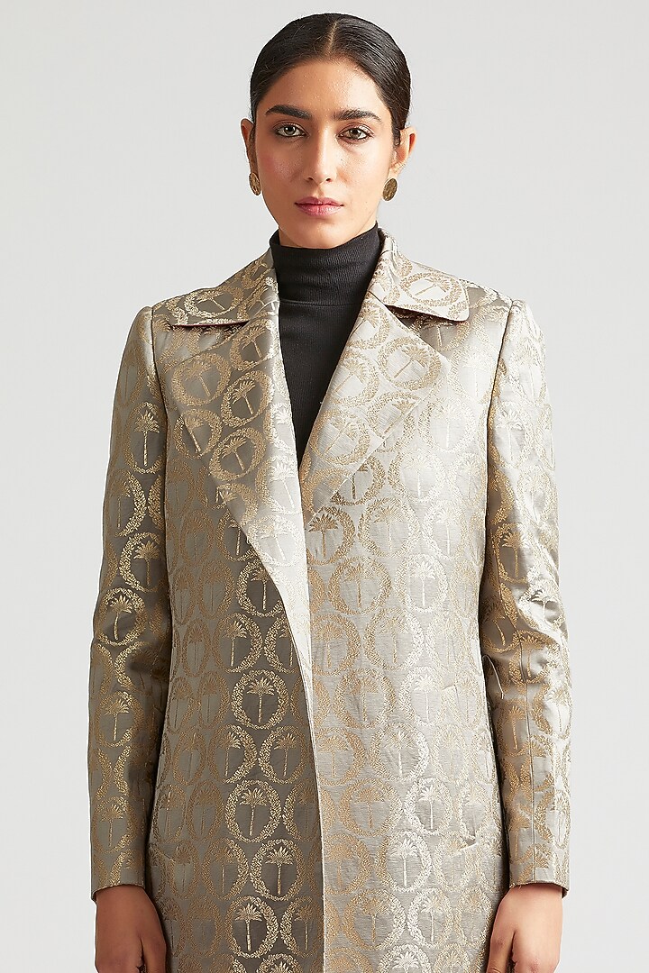 Shadow Grey Silk Brocade Trench Jacket by Kshitij Jalori at Pernia's Pop Up Shop