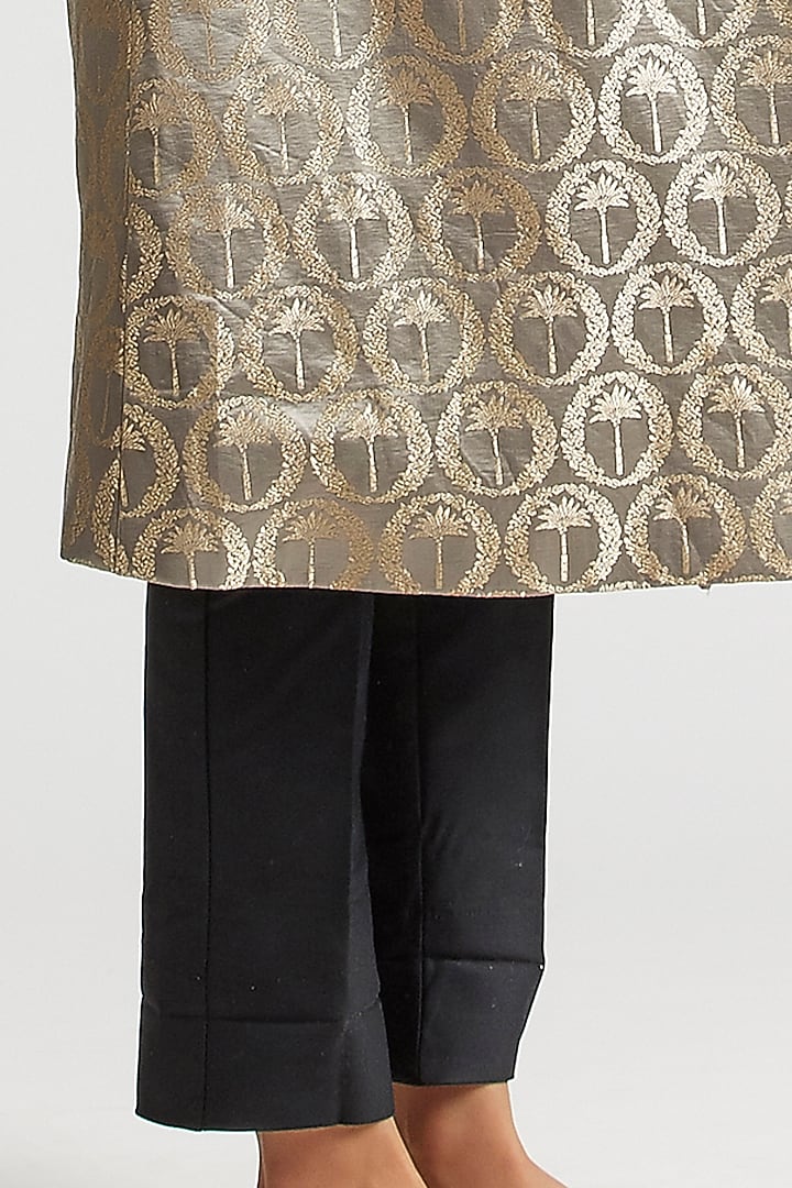 Shadow Grey Silk Brocade Trench Jacket by Kshitij Jalori at Pernia's Pop Up Shop