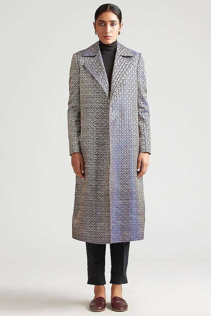 Sapphire Blue Silk Brocade Trench Jacket by Kshitij Jalori at Pernia's Pop Up Shop