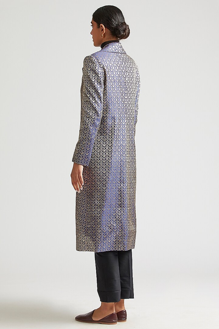 Sapphire Blue Silk Brocade Trench Jacket by Kshitij Jalori at Pernia's Pop Up Shop