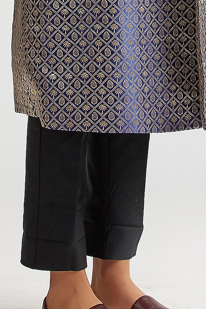 Sapphire Blue Silk Brocade Trench Jacket by Kshitij Jalori at Pernia's Pop Up Shop