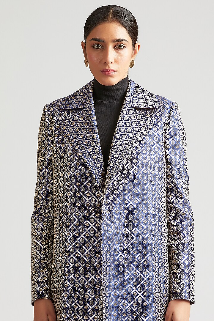 Sapphire Blue Silk Brocade Trench Jacket by Kshitij Jalori at Pernia's Pop Up Shop