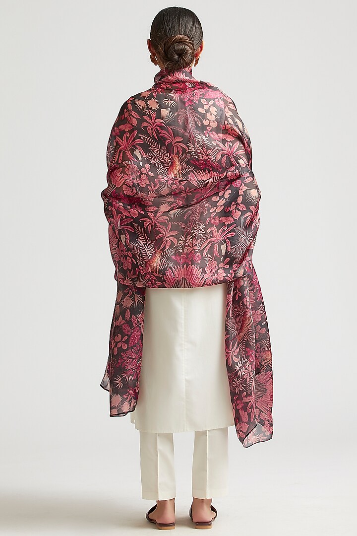Charcoal Grey Silk Organza Printed Dupatta by Kshitij Jalori at Pernia's Pop Up Shop