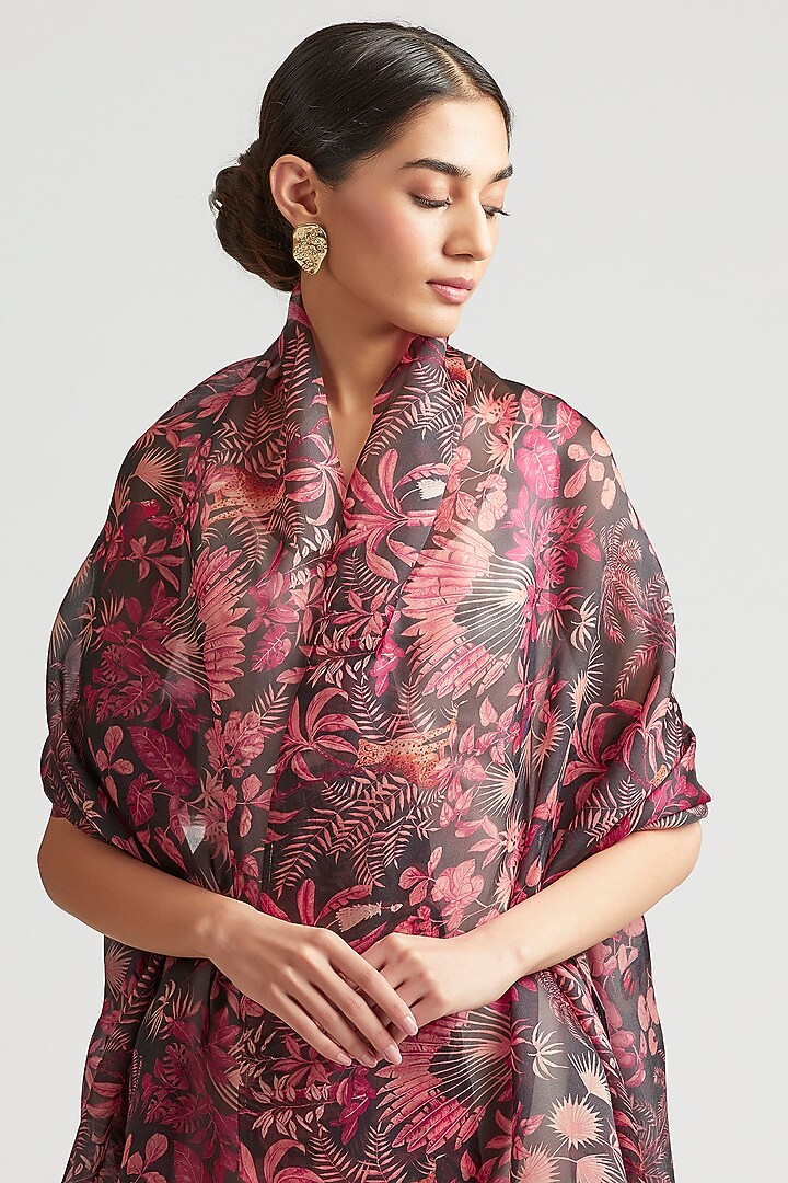 Charcoal Grey Silk Organza Printed Dupatta by Kshitij Jalori at Pernia's Pop Up Shop