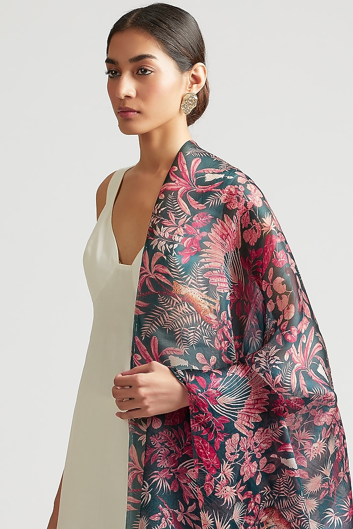 Medieval Blue Silk Organza Printed Dupatta by Kshitij Jalori at Pernia's Pop Up Shop