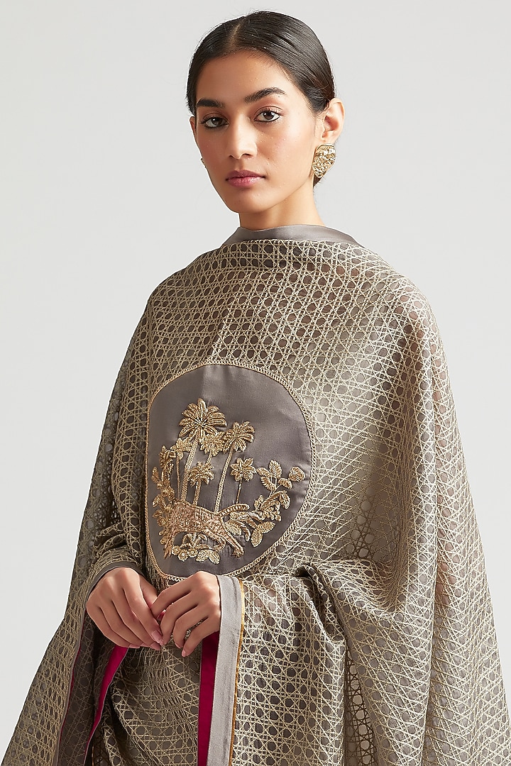 Shadow Grey Silk Organza Zardosi Embroidered Dupatta by Kshitij Jalori at Pernia's Pop Up Shop