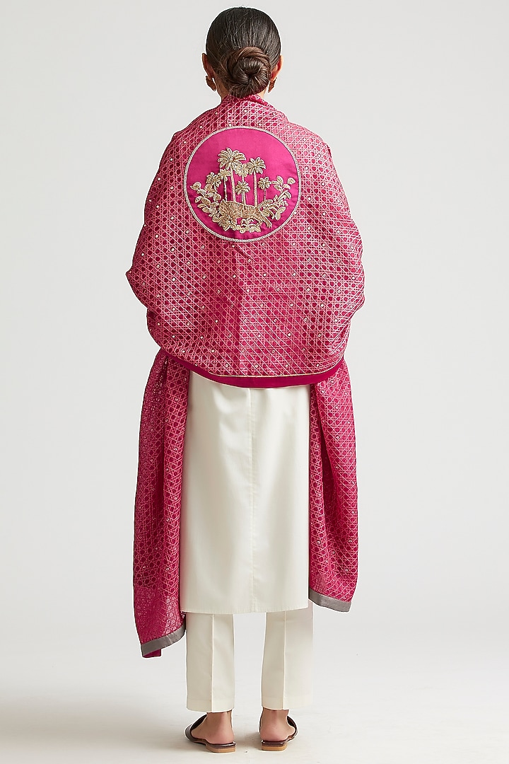 Mulberry Pink Silk Organza Zardosi Embroidered Dupatta by Kshitij Jalori at Pernia's Pop Up Shop