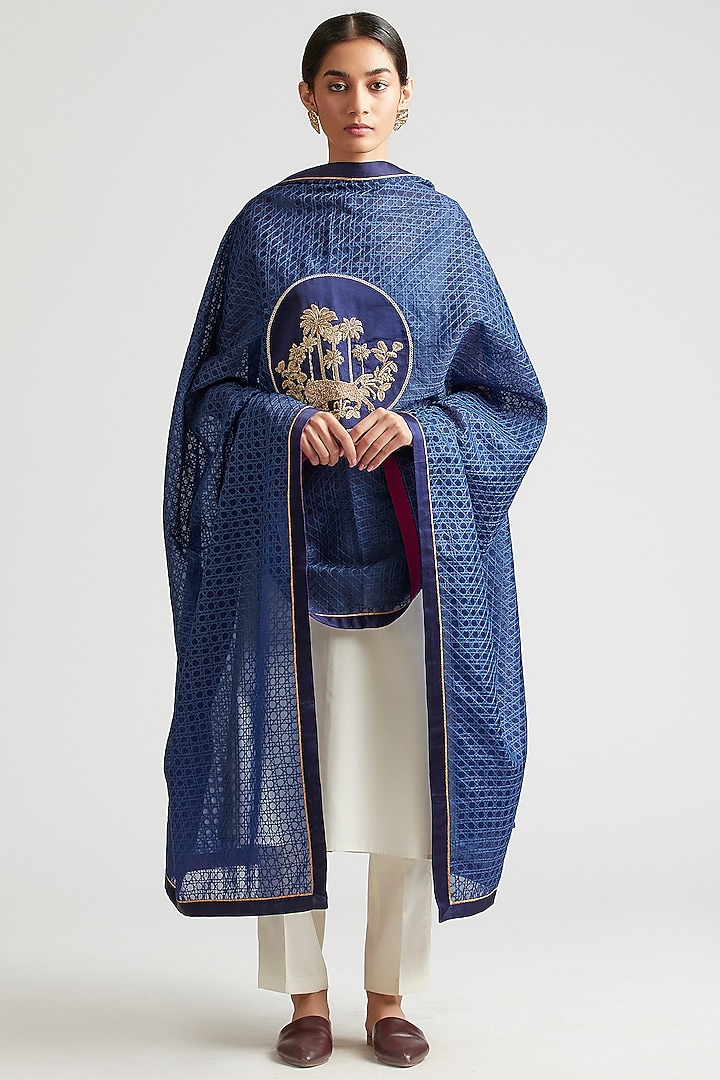 Capital Blue Silk Organza Zardosi Embroidered Dupatta by Kshitij Jalori at Pernia's Pop Up Shop