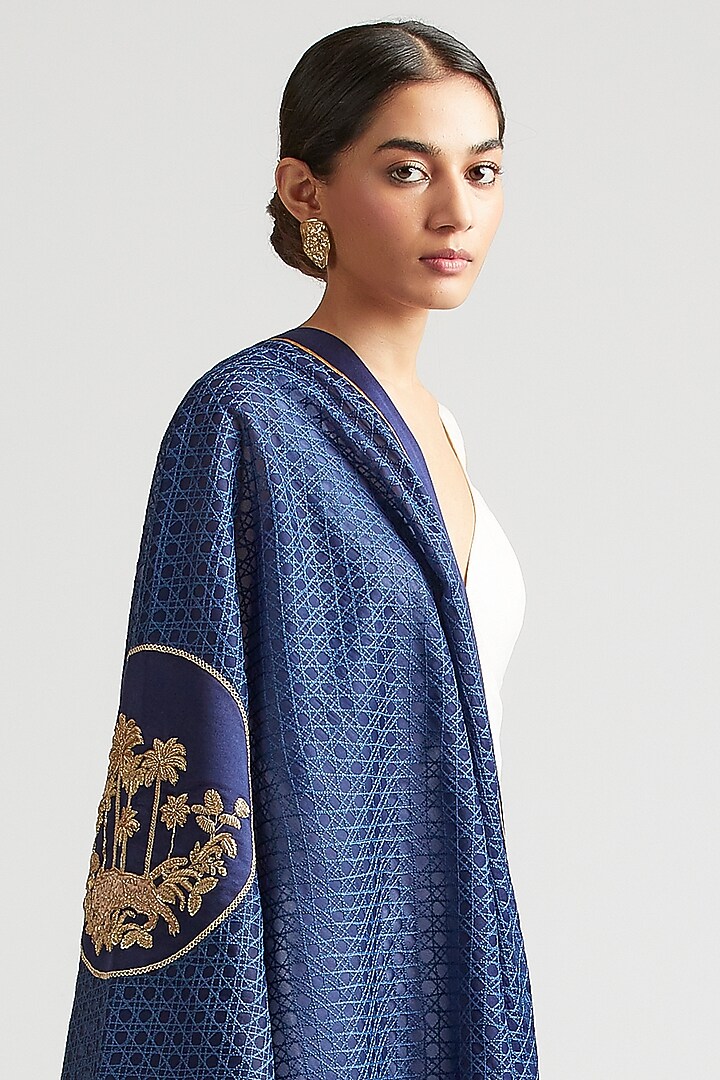 Capital Blue Silk Organza Zardosi Embroidered Dupatta by Kshitij Jalori at Pernia's Pop Up Shop