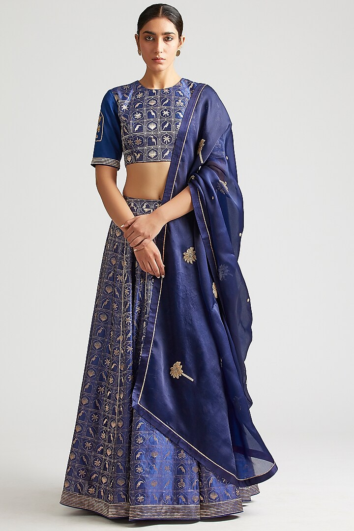 Capital Blue Silk Organza Zardosi Embroidered Dupatta by Kshitij Jalori at Pernia's Pop Up Shop