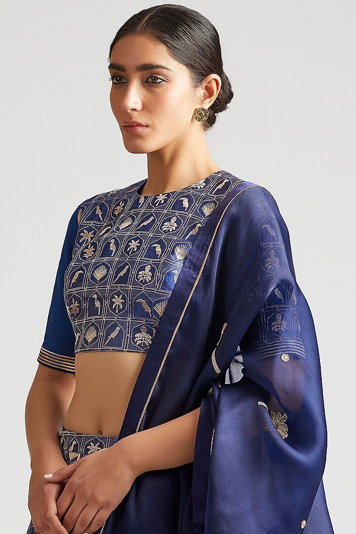 Capital Blue Silk Organza Zardosi Embroidered Dupatta by Kshitij Jalori at Pernia's Pop Up Shop