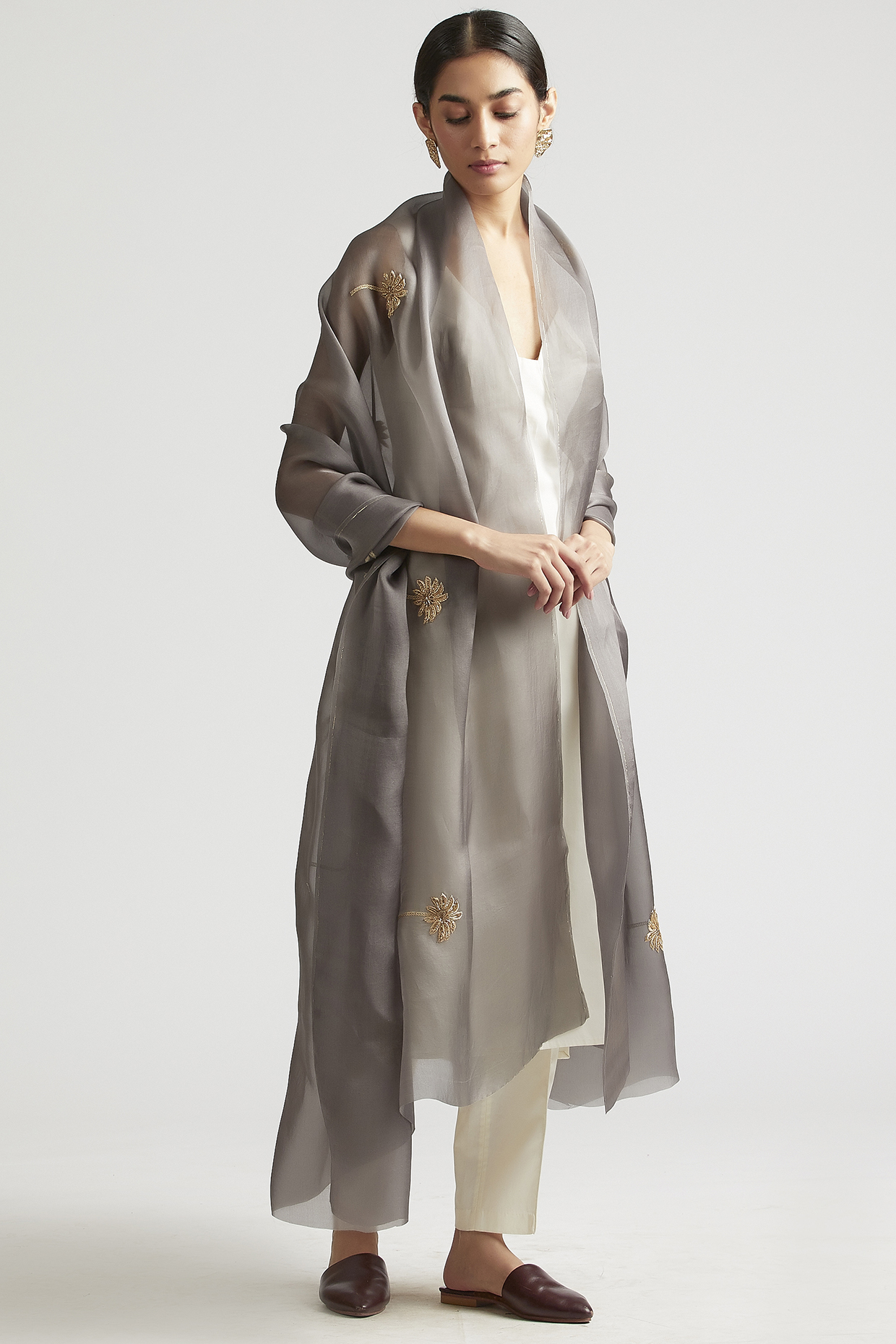 Shadow Grey Silk Organza Zardosi Embroidered Dupatta by Kshitij Jalori at Pernia's Pop Up Shop