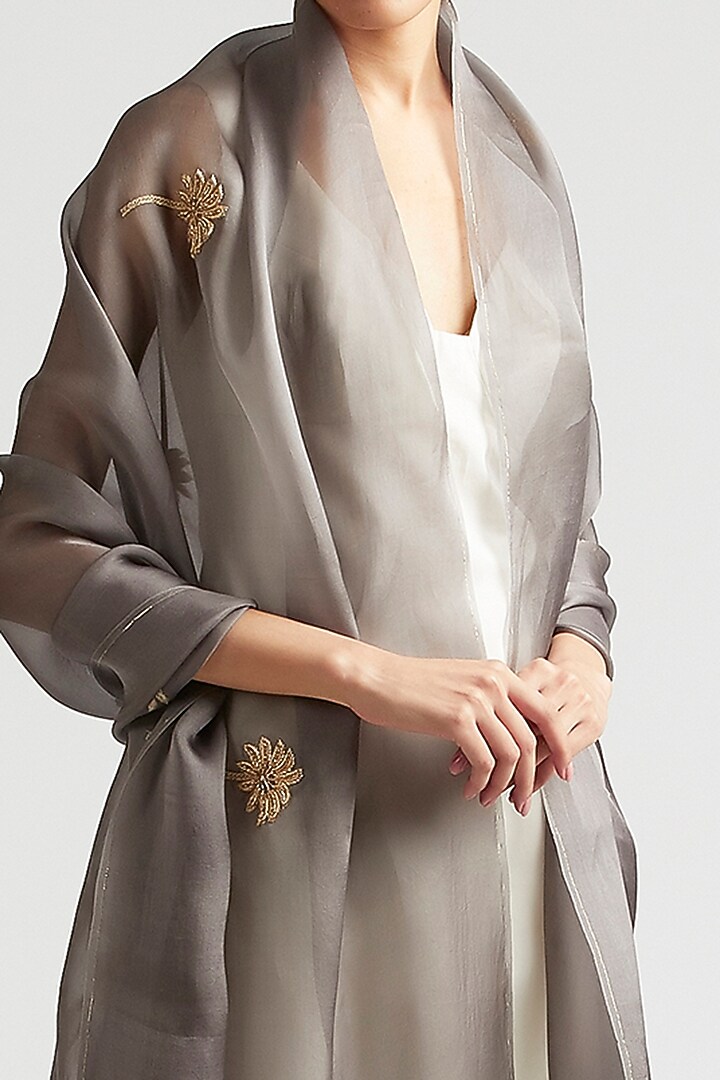 Shadow Grey Silk Organza Zardosi Embroidered Dupatta by Kshitij Jalori at Pernia's Pop Up Shop