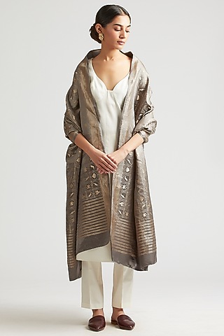 Shadow Grey Silk Brocade Dupatta by Kshitij Jalori
