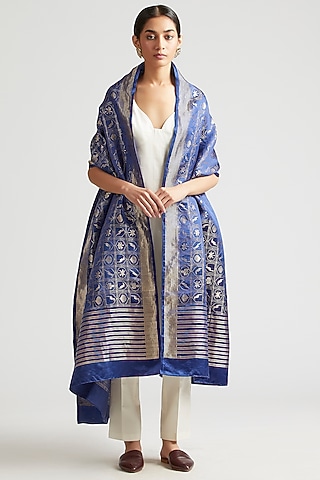 Sapphire Blue Silk Brocade Dupatta by Kshitij Jalori