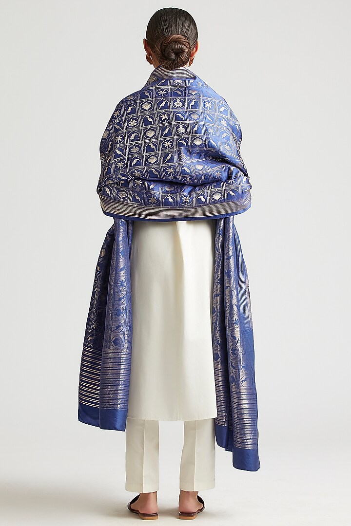 Sapphire Blue Silk Brocade Dupatta by Kshitij Jalori at Pernia's Pop Up Shop
