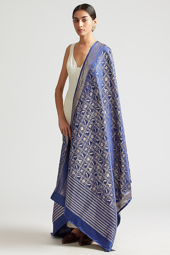 Sapphire Blue Silk Brocade Dupatta by Kshitij Jalori at Pernia's Pop Up Shop