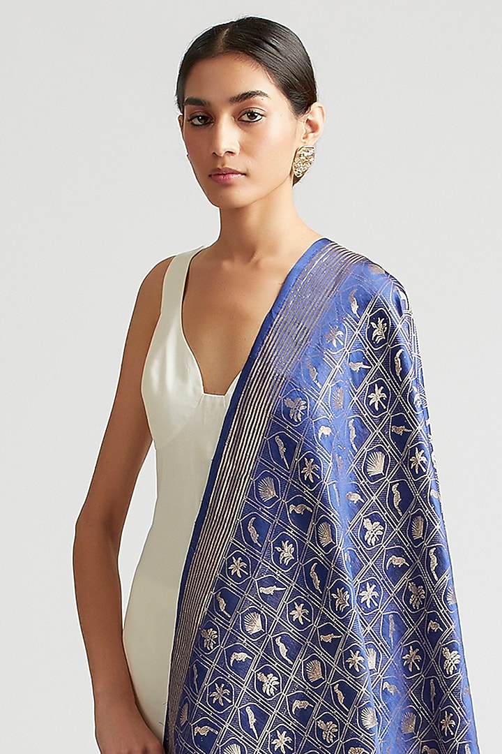 Sapphire Blue Silk Brocade Dupatta by Kshitij Jalori at Pernia's Pop Up Shop