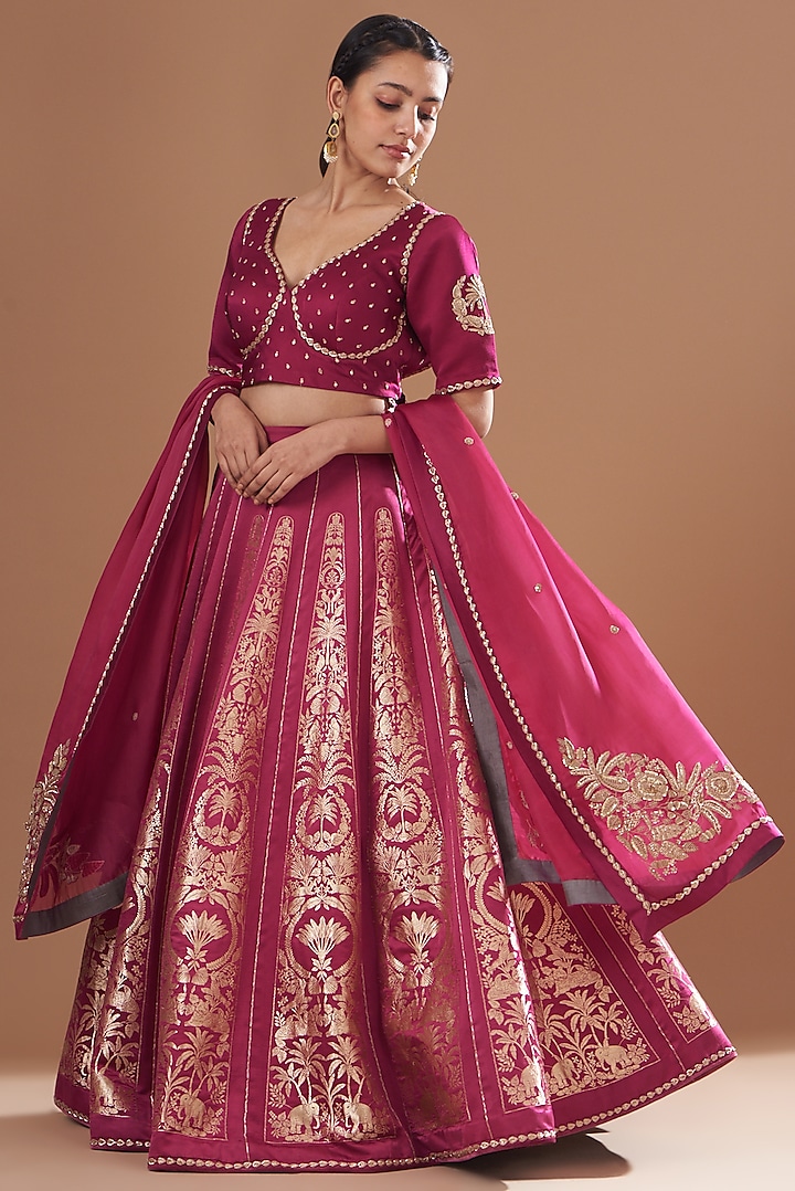 Mulberry Silk Brocade Printed & Embroidered Lehenga Set by Kshitij Jalori