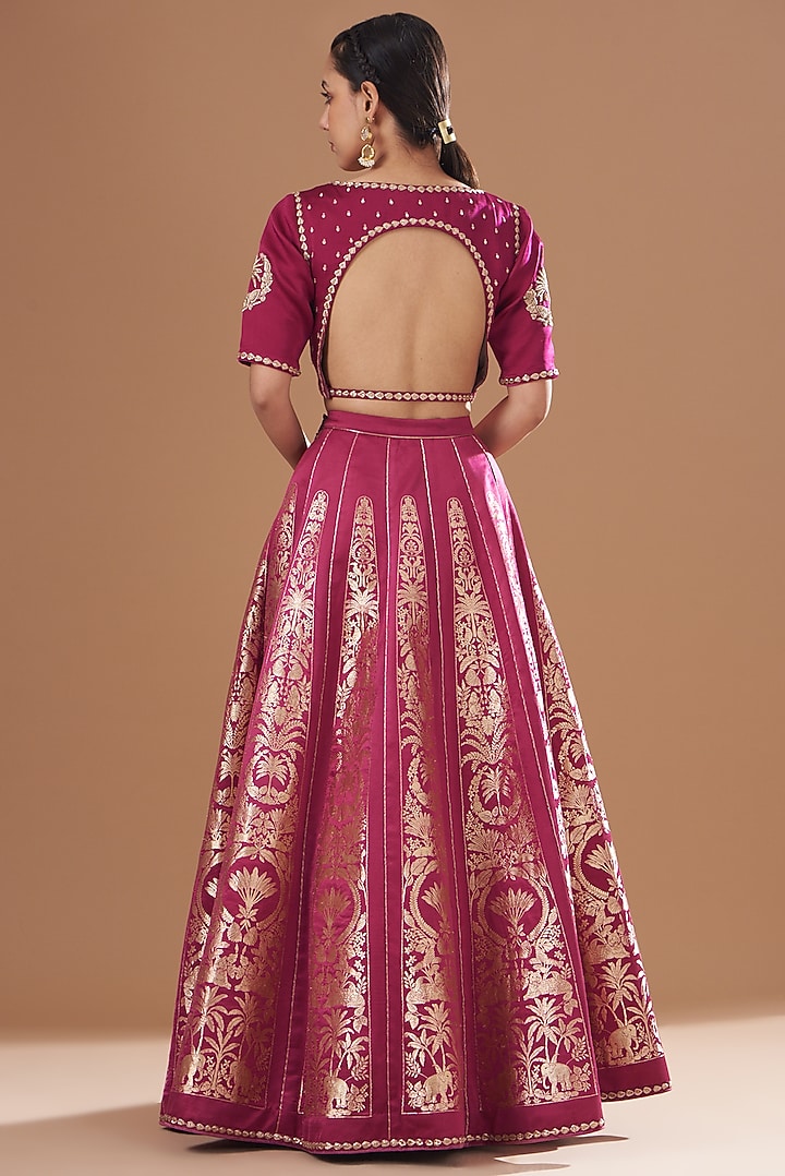 Mulberry Silk Brocade Printed & Embroidered Bridal Lehenga Set by Kshitij Jalori at Pernia's Pop Up Shop