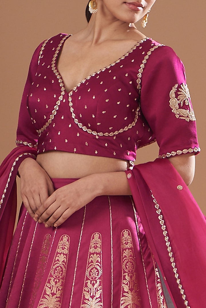 Mulberry Silk Brocade Printed & Embroidered Bridal Lehenga Set by Kshitij Jalori at Pernia's Pop Up Shop