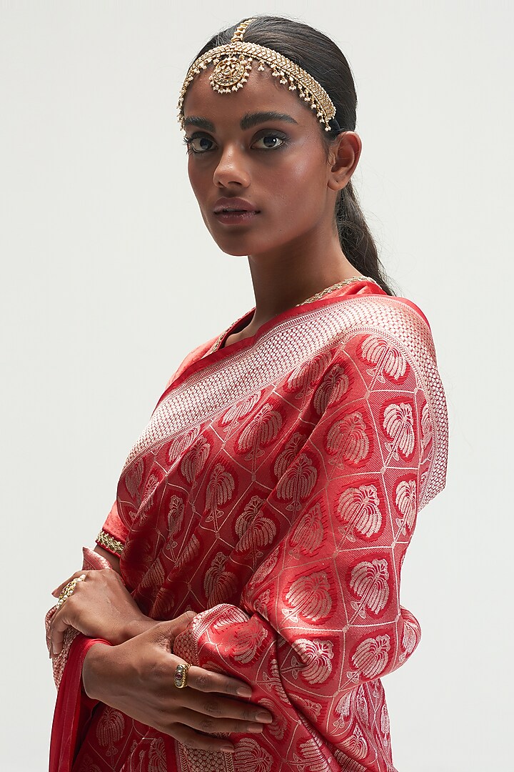 Garnet Silk Brocade Wedding Saree by Kshitij Jalori at Pernia's Pop Up Shop