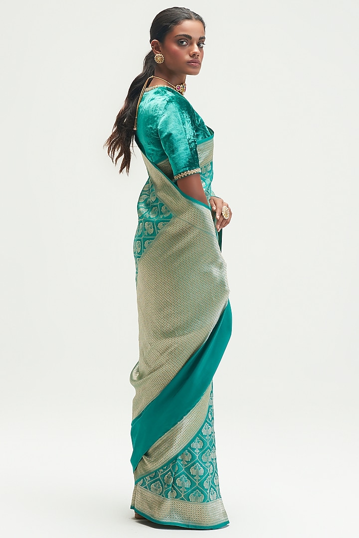 Teal Sapphire Silk Wedding Saree by Kshitij Jalori at Pernia's Pop Up Shop