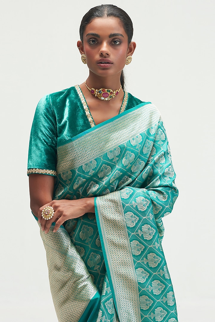 Teal Sapphire Silk Wedding Saree by Kshitij Jalori at Pernia's Pop Up Shop