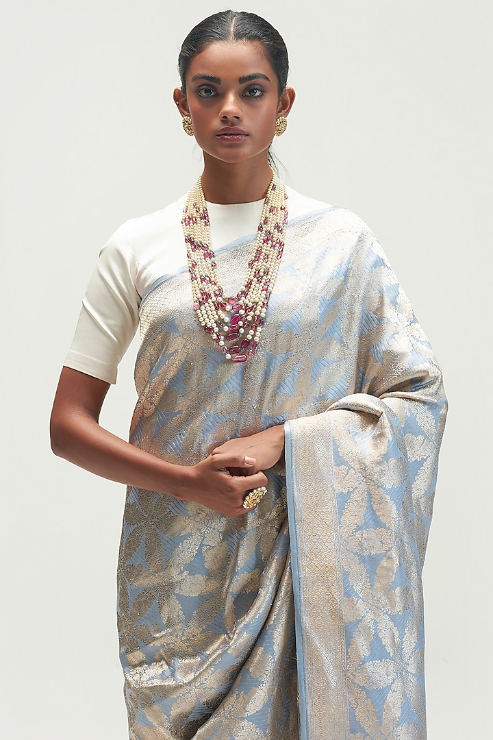 Pale Blue Silk Wedding Saree by Kshitij Jalori at Pernia's Pop Up Shop