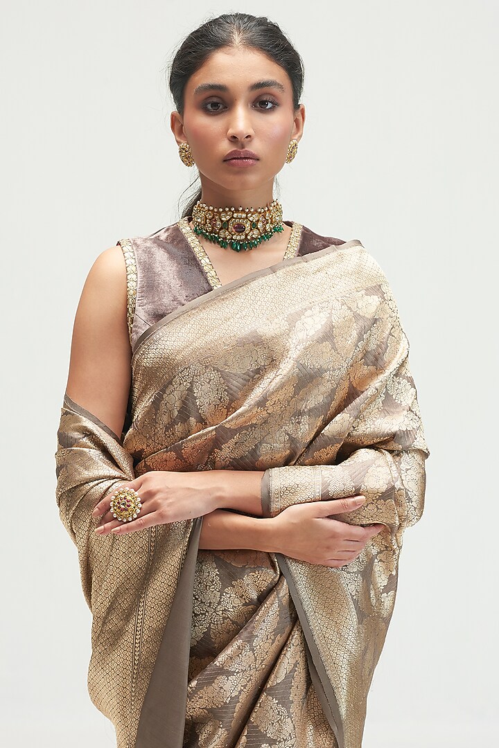 Shadow Grey Silk Brocade Wedding Saree by Kshitij Jalori at Pernia's Pop Up Shop