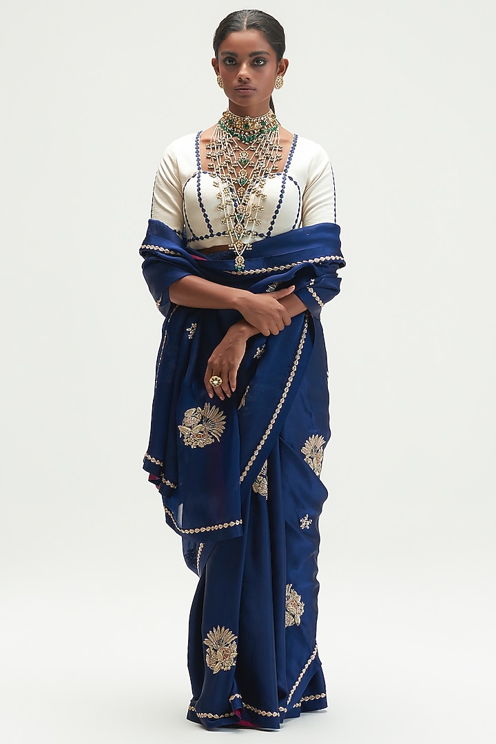 Sapphire Embroidered Reception Saree by Kshitij Jalori at Pernia's Pop Up Shop