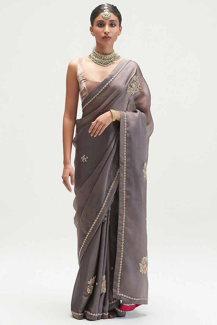 Shadow Grey Embroidered Saree by Kshitij Jalori