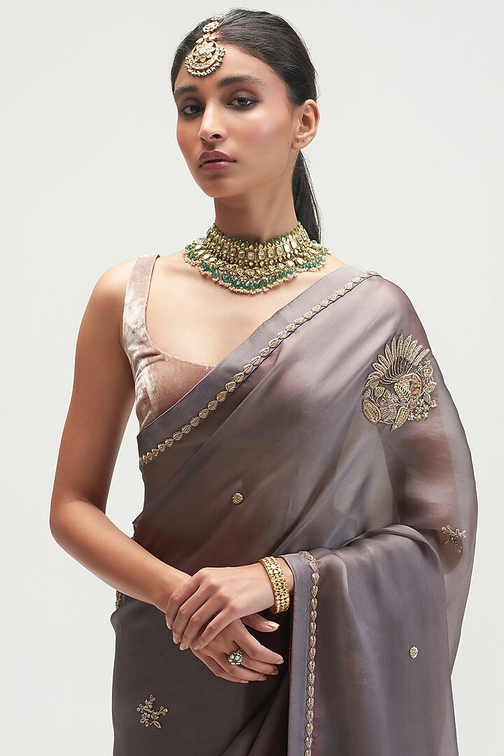 Shadow Grey Embroidered Reception Saree by Kshitij Jalori at Pernia's Pop Up Shop