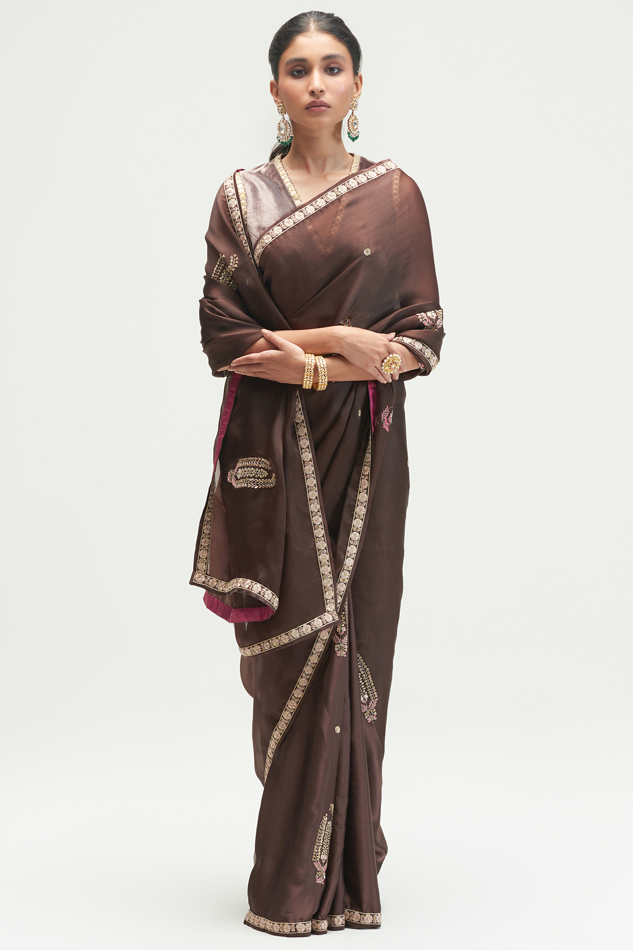 Mud Brown Embroidered Saree by Kshitij Jalori