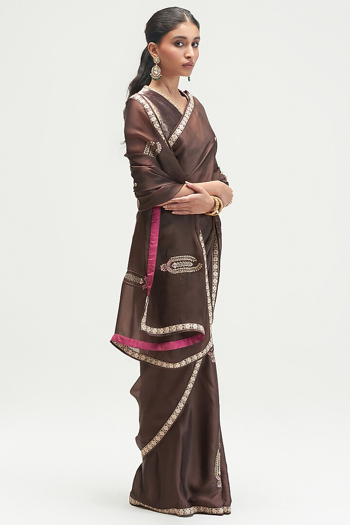Mud Brown Silk Satin Crepe & Silk Satin Organza Boota Embroidered Reception Saree by Kshitij Jalori at Pernia's Pop Up Shop