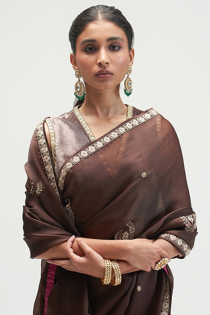 Mud Brown Silk Satin Crepe & Silk Satin Organza Boota Embroidered Reception Saree by Kshitij Jalori at Pernia's Pop Up Shop
