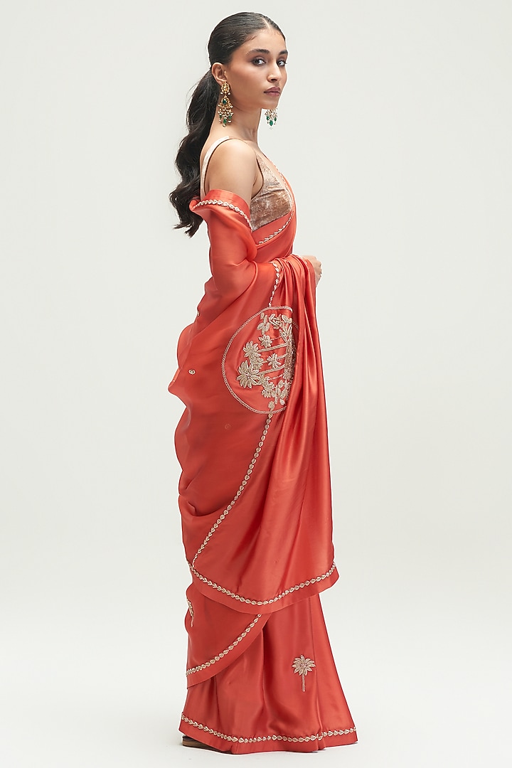 Rust Embroidered Wedding Saree by Kshitij Jalori at Pernia's Pop Up Shop