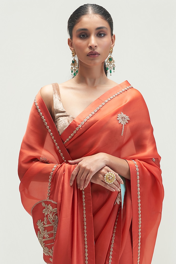 Rust Embroidered Wedding Saree by Kshitij Jalori at Pernia's Pop Up Shop