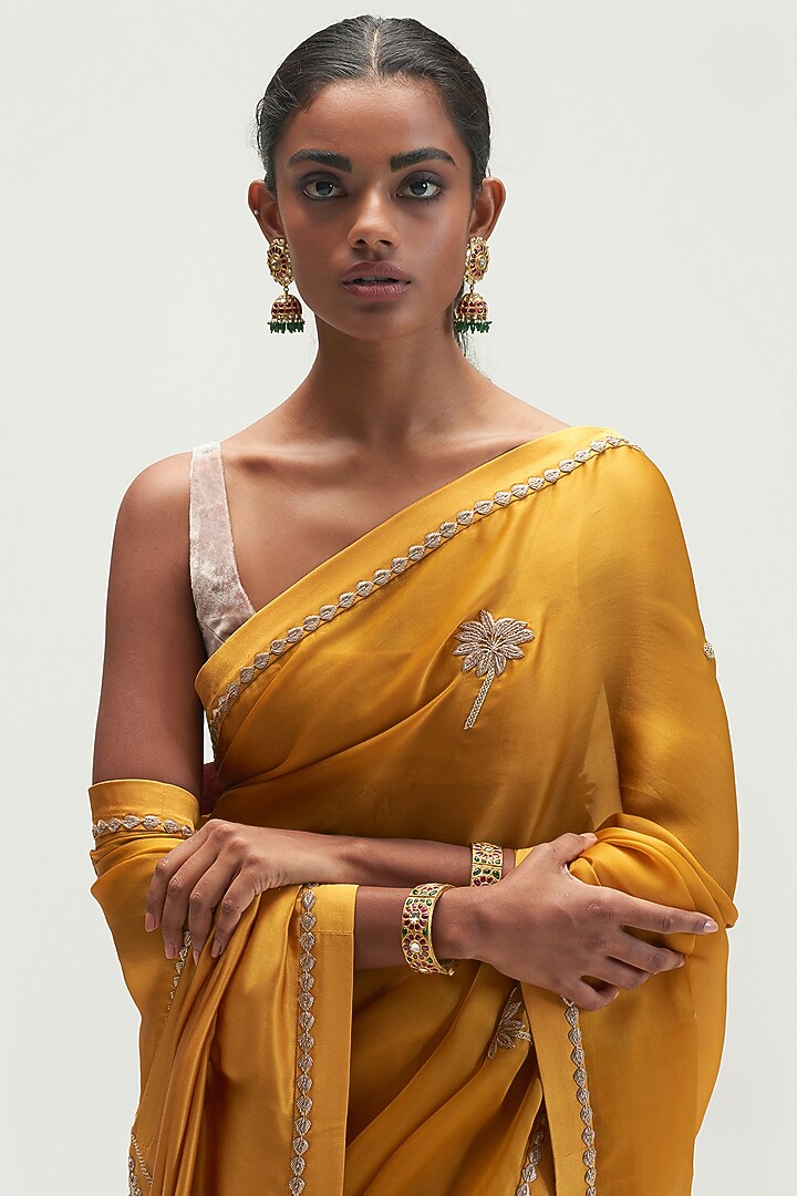 Mustard Embroidered Wedding Saree by Kshitij Jalori at Pernia's Pop Up Shop
