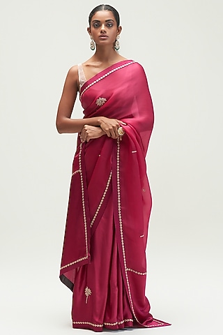 Mulberry Silk Satin Crepe Embroidered Saree Set by Kshitij Jalori