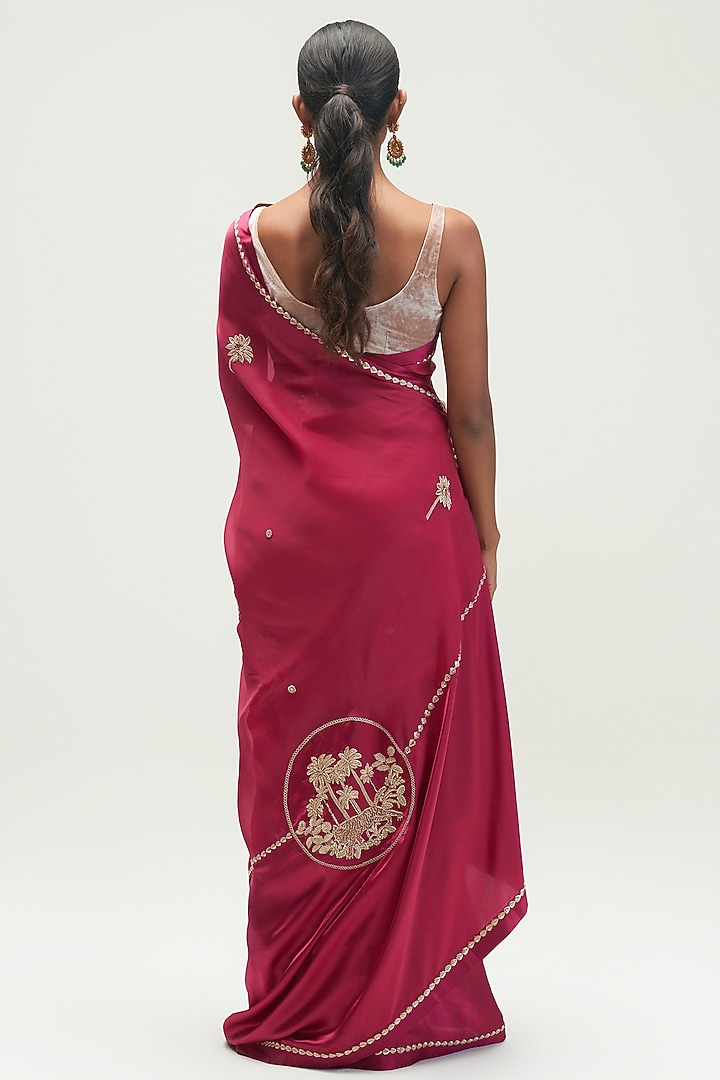 Mulberry Silk Satin Crepe Embroidered Wedding Saree Set by Kshitij Jalori at Pernia's Pop Up Shop