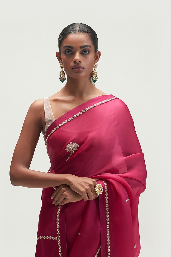 Mulberry Silk Satin Crepe Embroidered Wedding Saree Set by Kshitij Jalori at Pernia's Pop Up Shop